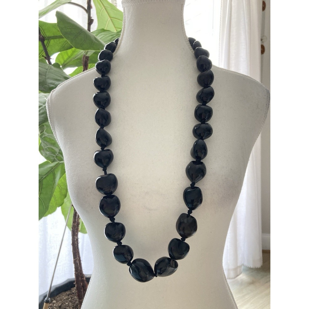 Black Beaded Necklace Oversized Chunky Resin Acrylic Pebble Beads Ribbon‎ Tie